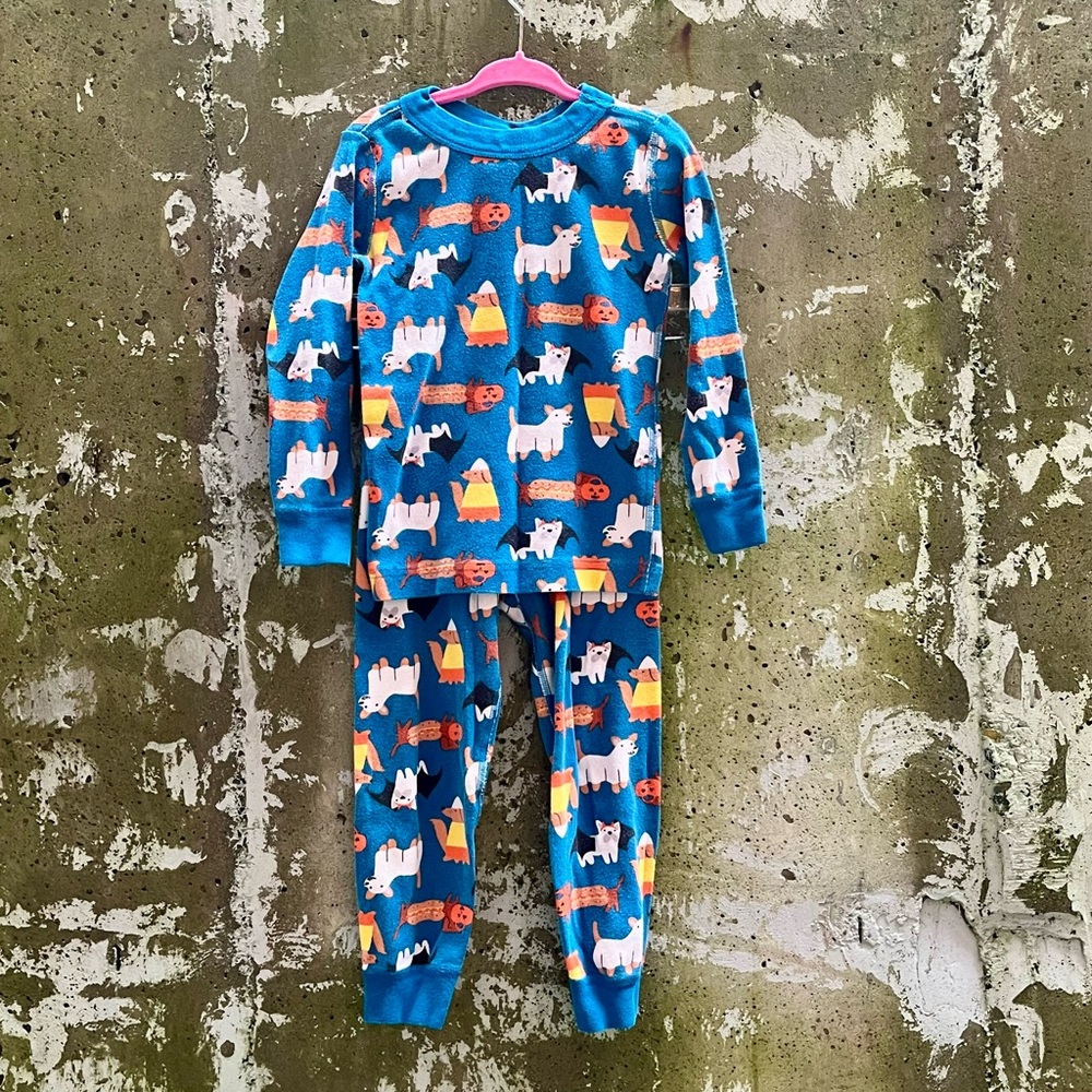 Hanna Andersson Blue Pajama Set, Unisex Halloween Animal & Candy Corn Print, 4